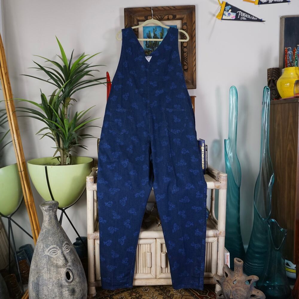 Vintage Oshkosh pleated waist dark wash floral denim overall - Picture 2 of 5